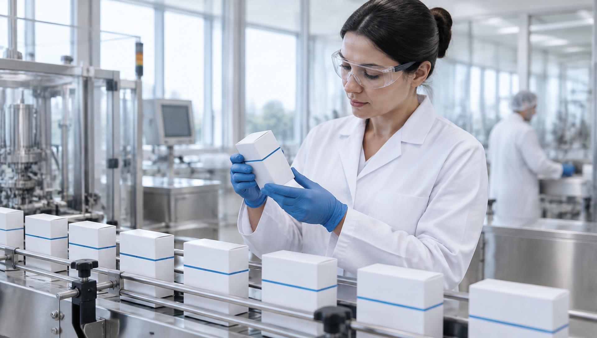A pharmaceutical operations professional inspecting specialty medication packaging